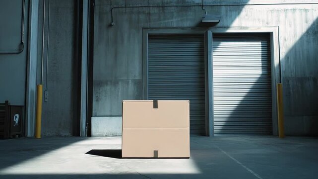 Cardboard box sitting on concrete floor in an industrial warehouse facility receiving delivery, representing global shipping, logistics, cargo transport, and supply chain operations