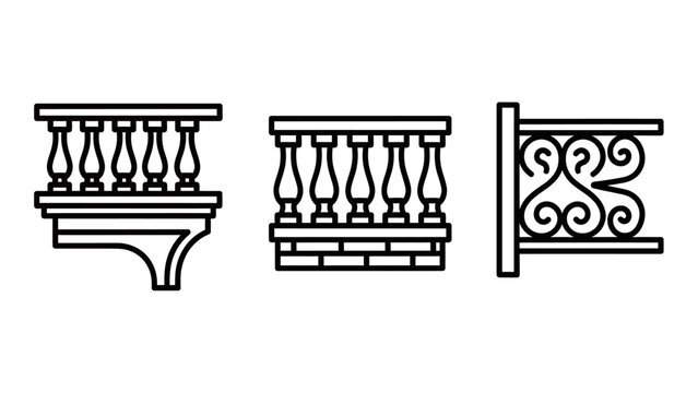 Balcony and balustrade styles icons: decorative railing designs for architecture and interior design with wrought iron