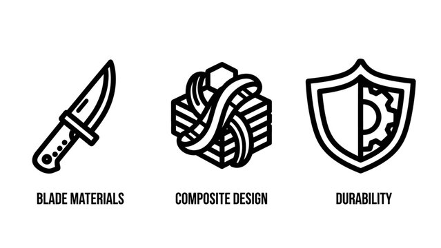 Blade materials, composite design, and durability icons: symbols for strength, manufacturing, and product qualities, heavy duty