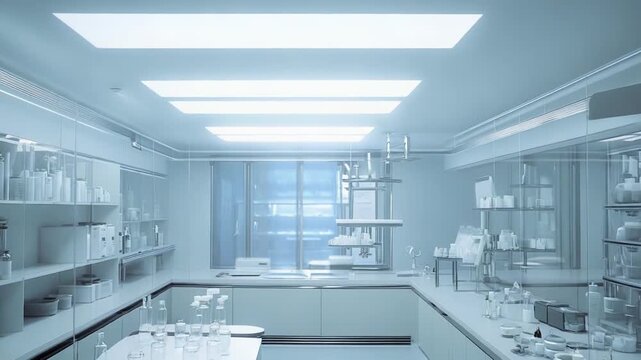 Bright, clean, and sterile futuristic medical laboratory interior with numerous bottles, beakers, and scientific equipment on counters, ready for scientific development and medical advancements