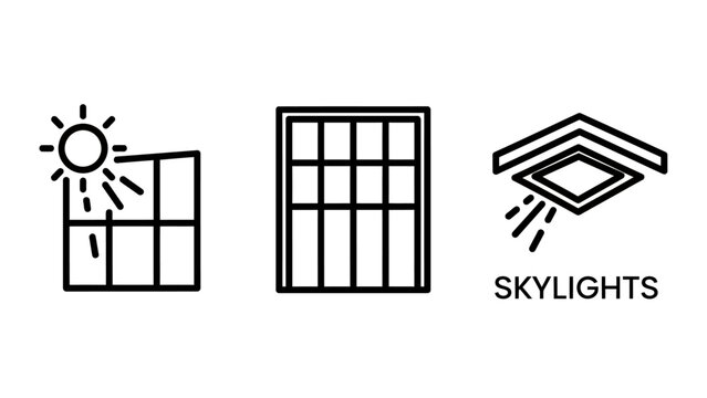 Sunlight through window, grid window, and skylight icons representing natural light and architectural elements