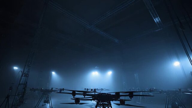 Group of advanced drones equipped with cameras waiting in a moody, fog filled industrial space, illuminated by strong blue spotlights, creating a sci fi atmosphere