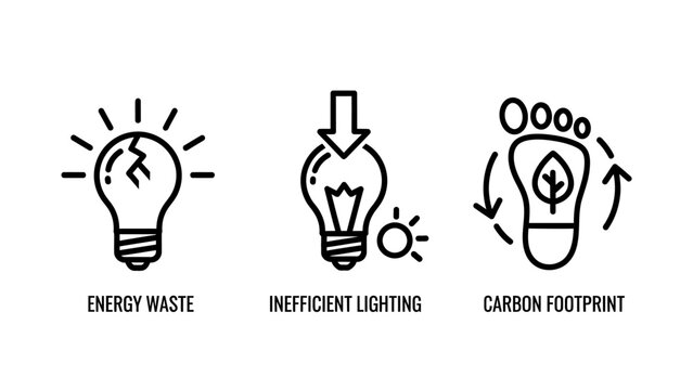 Energy waste, inefficient lighting, and carbon footprint outline icons for environmental sustainability awareness