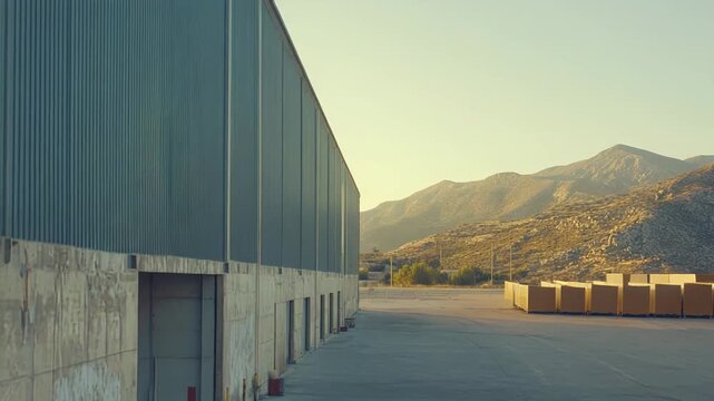 Industrial warehouse and corrugated metal loading docks with stacked palletized cargo in an outdoor yard at golden hour, set against barren mountains and clear sky