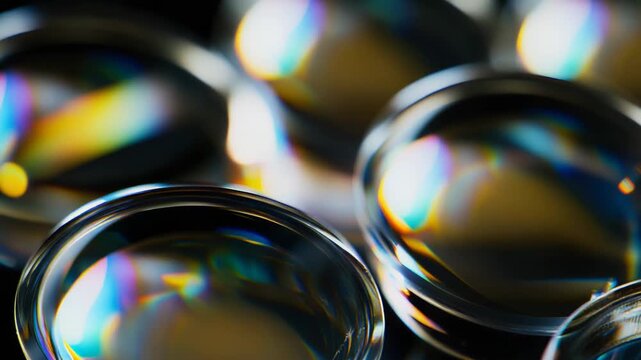 Clear glass elements catching and refracting colorful light highlights, creating a dazzling display of spectral patterns and bright reflections on a dark background