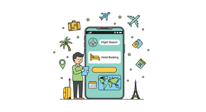 A man is standing next to a large smartphone displaying travel booking options with various travel icons floating around.