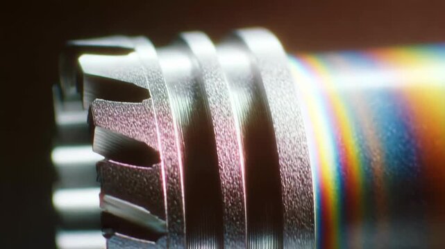 Metal drill bit showing intricate macro details of its cutting edge and grooves, highlighting the texture and precision engineering of industrial tooling with a colorful light refraction