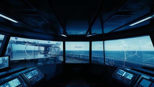 Ship bridge interior showcasing cutting edge control panels and holographic displays, providing advanced navigation and surveillance capabilities over the vast open ocean