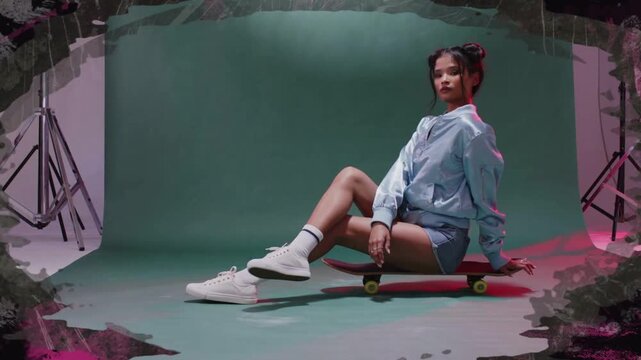 Vertical video: Rolling, model posing on red skateboard in green set, wearing blue jacket for shoot