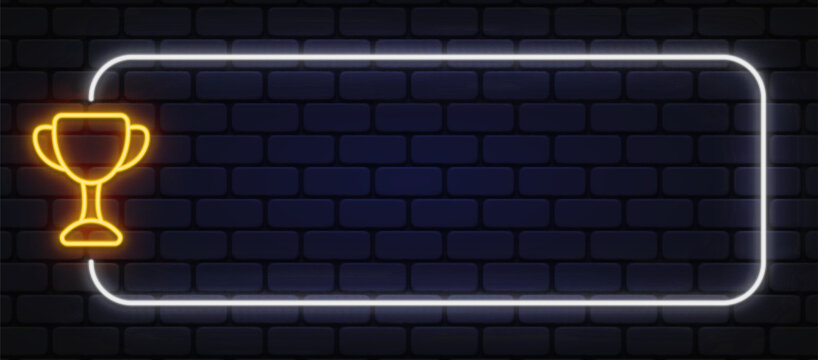 White neon frame with golden trophy icon on dark brick wall. Elegant glow represents victory, achievement, or award concept.