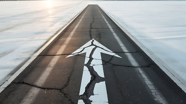 Cracked asphalt road, broken arrow, directional sign, damaged highway