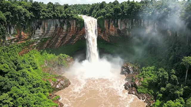 Majestic wide waterfall cascading powerfully into a churning brown river surrounded by lush green