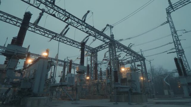 Power substation structures including transformers and insulators transforming and distributing high voltage electricity throughout the energy grid, contributing to modern infrastructure