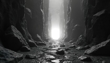 Fototapeta premium Dark cave path leads toward bright light source. Rocky tunnel walls narrow ahead. Wet stone ground reflects light. Mysterious underground passage.