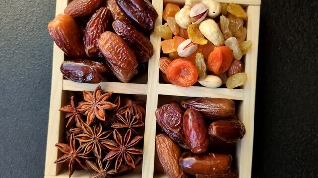 Dried dates on a ceramic plate for Ramadan or Iftar. Dried dates as a food background for your design