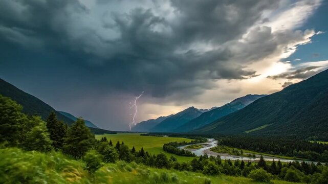 Epic thunderstorm with lightning strikes over lush green valley and meandering river in mountain landscape