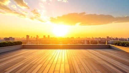 Fototapeta premium Rooftop Terrace Overlooking Cityscape at Golden Hour With Sun Rays On Wood Deck