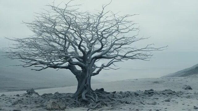 Lone leafless tree stands in frost and fog on a rocky, barren landscape a stark, atmospheric scene of survival, resilience and solitude in cold, harsh conditions