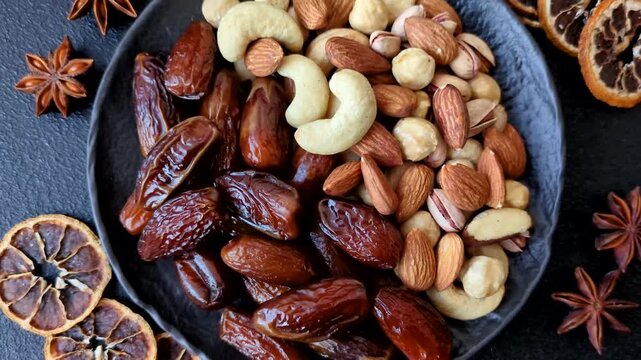 Dried dates on a ceramic plate for Ramadan or Iftar. Dried dates as a food background for your design
