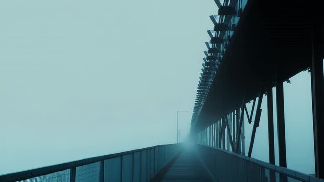 Modern architectural footbridge extending into a thick layer of fog, conveying feelings of mystery, journey, urban loneliness, and an uncertain path forward