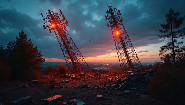 Two communication towers lean precariously at dusk after severe weather event. Debris litters ground near damaged structures against dramatic sunset sky. Scene suggests loss of signal, connectivity.