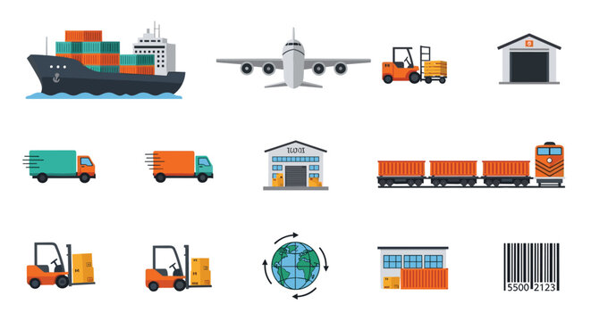 A comprehensive grid of twelve logistics and transportation icons, featuring ships, planes, and forklifts, is displayed on a white background.