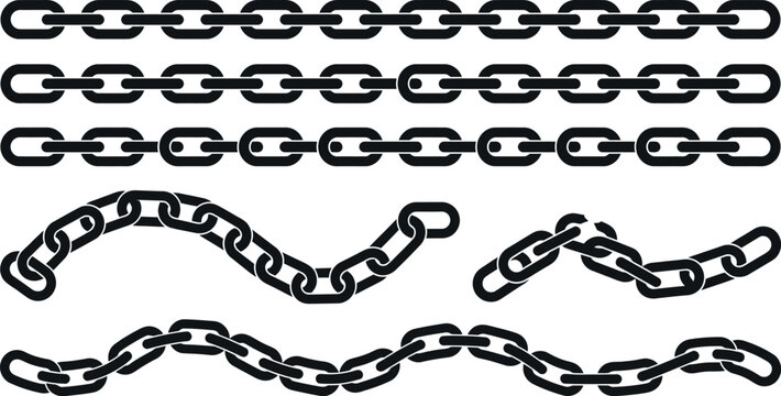 A set of black chain links in various styles and formations, including straight and wavy lines, and broken sections.