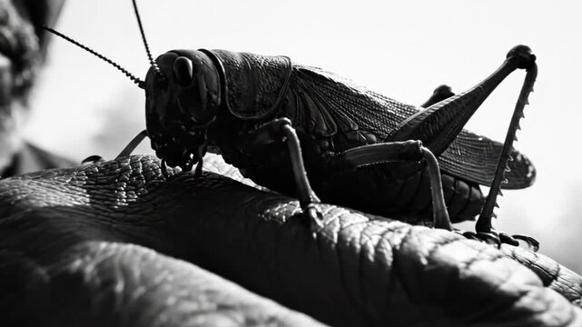 Black and white close up of a grasshopper sitting on a hand, detailed texture and depth of field
