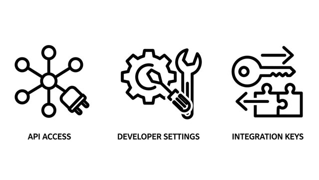Software development line icons: api access, developer settings, and integration keys management