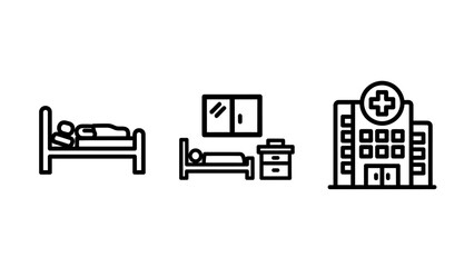 Fototapeta premium Healthcare and medical facility icons: patient bed, hospital room, and clinic building outline symbols