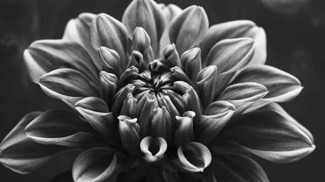 Black and white time-lapse of a dahlia flower blooming with smoke elements in the background, close-up view