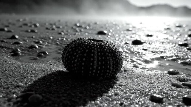 Black and white seaside landscape with close-up shot of a sea urchin on the beach under the bright sunlight