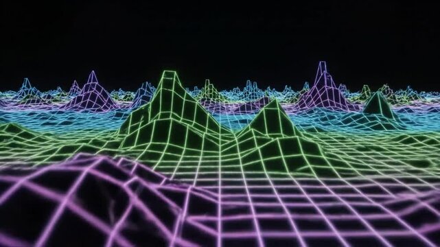 Abstract retro style digital landscape with glowing gridlines and colorful peaks across black background