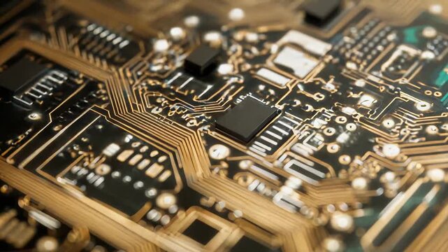 Circuit board close up capturing intricate golden conductive traces and tiny electronic components, symbolizing advanced technology, digital connectivity, and modern computing