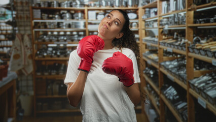 Fototapeta premium Woman wearing red boxing gloves shrugging with pursed lips and raised brows in a shop aisle inside a building; indifference.