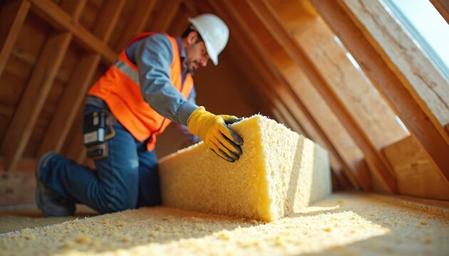 Construction worker installs mineral wool insulation in attic mansard roof space. Builder wears hard hat safety vest yellow gloves. Home energy efficiency improvement process.