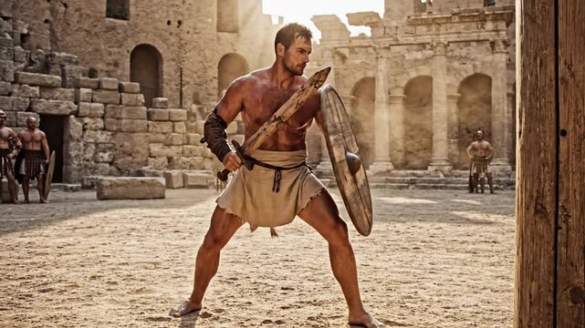 Muscular Gladiator training with sword and shield in ancient arena, dust rising