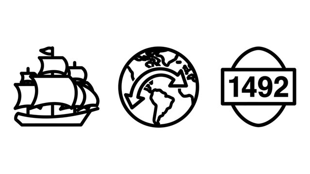 Historical world discovery and exploration concept with sailing ship, globe, and 1492 date icons in outline style