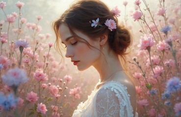 Naklejka premium Beautiful woman with flowers in her hair wears white lace dress. She stands in field of pink blossoms. Gentle sunlight illuminates her serene face. Romantic dreamy mood.
