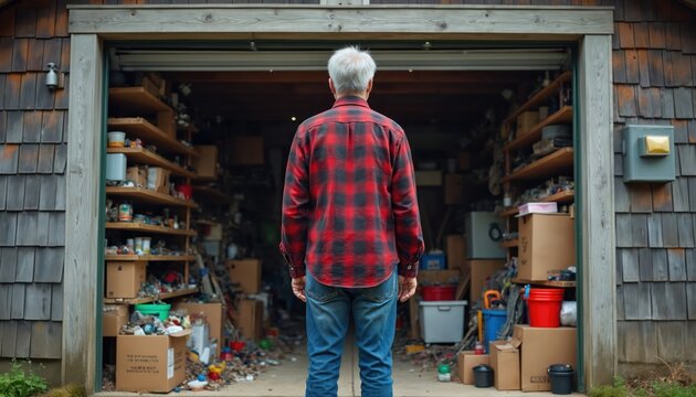 Elderly man stands outside cluttered garage full of boxes and shelves. He wears a red plaid shirt and blue jeans. Sun casts shadows on the messy interior space.