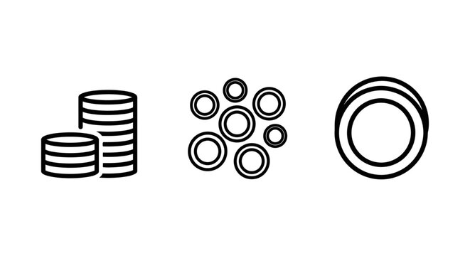 Monochrome line icons depicting a stack of coins, scattered small circles, and a large ring, representing wealth or abstract financial concepts