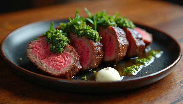 Sliced grilled tri-tip steak medium-rare, juicy, glistening on dark plate with spicy chimichurri sauce and dollop of aioli. Delicious beef dish ready for serving.
