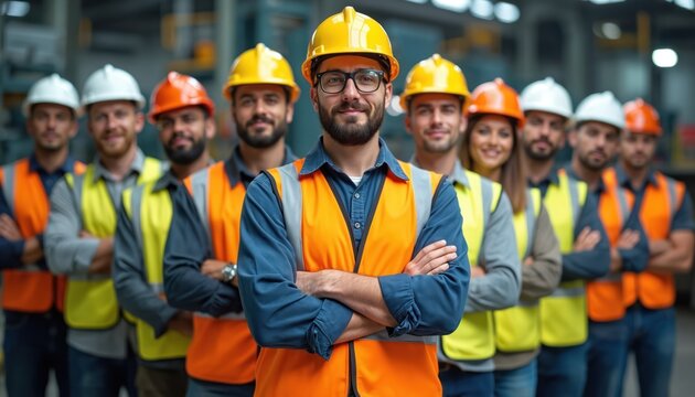 Group of diverse factory workers in safety vests and hard hats stand with arms crossed. Men and women pose confidently in a manufacturing plant setting. Professionals show teamwork and industry pride.