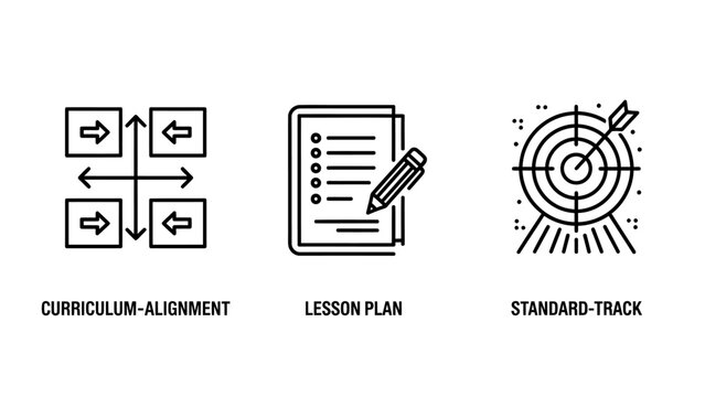 Educational planning icons set including curriculum alignment symbols lesson plan clipboard with pencil and standard track objective target with arrow for school management strategy systems