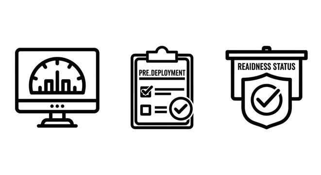 System readiness and pre-deployment status monitoring icons featuring computer screen performance gauges checklist clipboards and security shields for software infrastructure launch safety