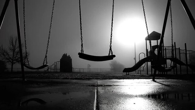 Spooky black and white scene of a playground at dusk with swings and mysterious fog