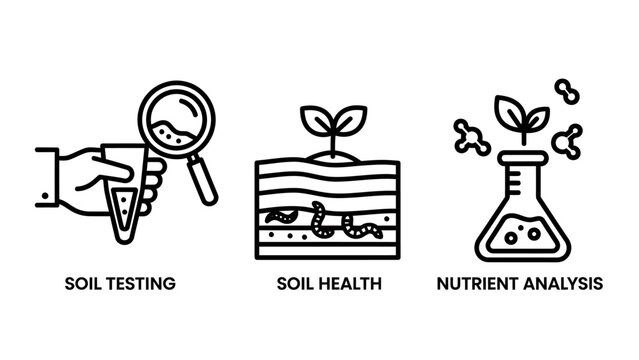 Soil health testing and nutrient analysis icon set for agricultural science featuring earth layers with worms and laboratory flask for farming productivity and environmental monitoring