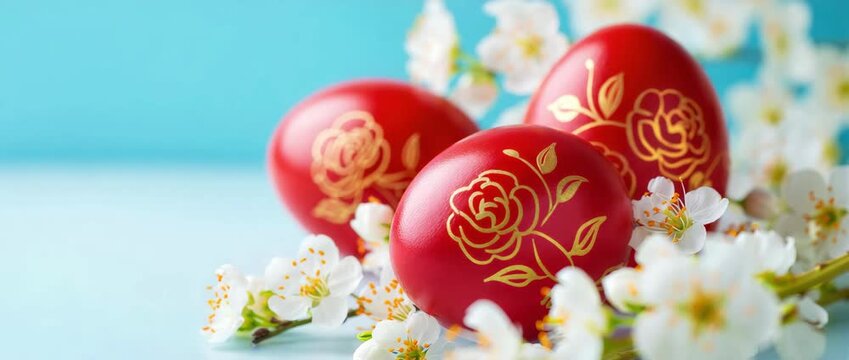 Traditional red Easter eggs with golden floral patterns spring blossom branches, festive holiday decoration banner with copy space, cultural Easter celebration concept painted eggs seasonal flowers