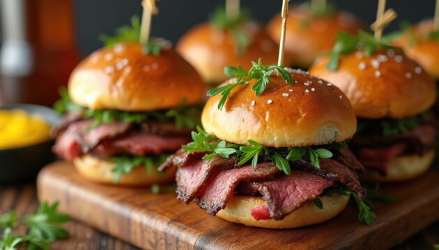 Mini beef sliders with herb garnish and mustard on wooden board. Small burgers filled with roast beef slices. Appetizer food for party or casual meal.