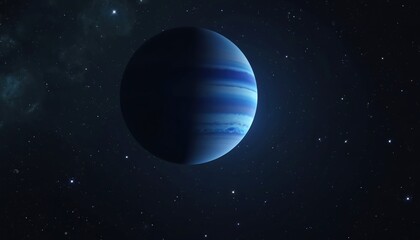 Fototapeta premium Blue gas giant planet with cloud bands spins in deep space amidst stars. Distant celestial body glows with soft light against dark void. Neptune like world rotates, nebula clouds drift.